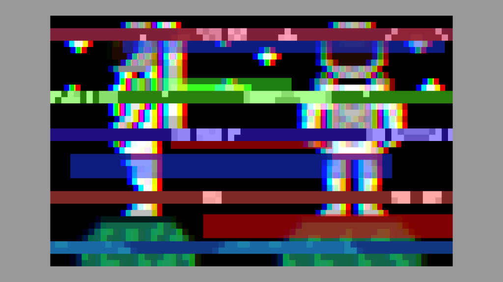 Side and front profile of an astronaut sprite with a glitch and RGB split effect applied