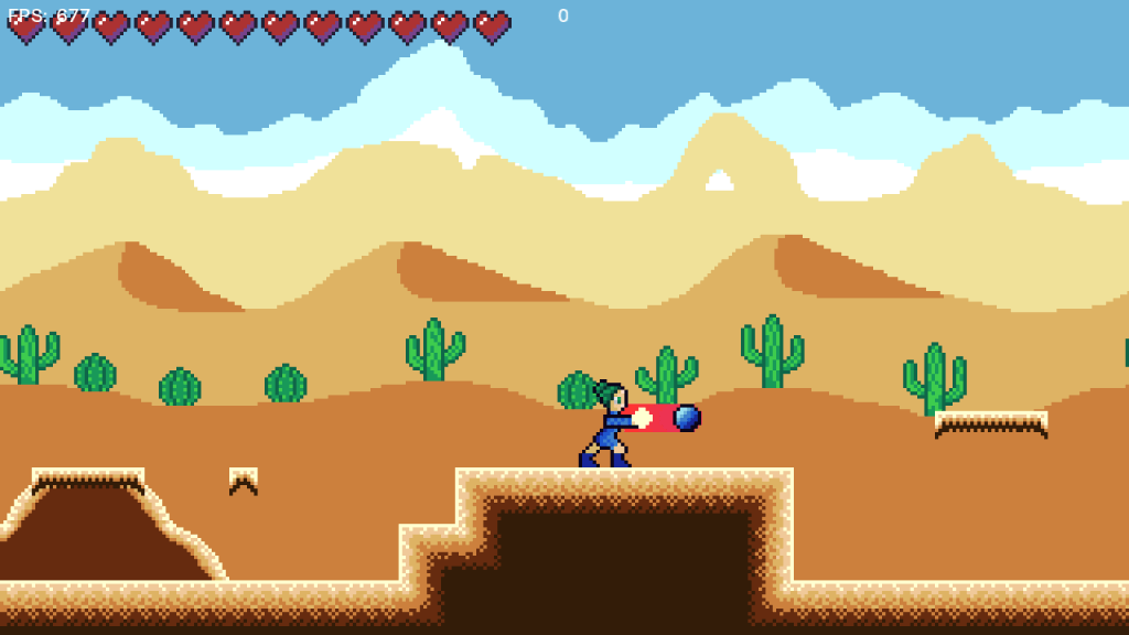 Sprite of a video game woman in a desert firing a magical bullet