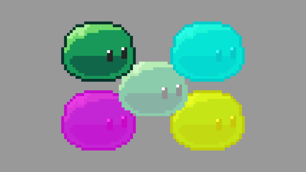 Five slime sprites with different coloured tints
