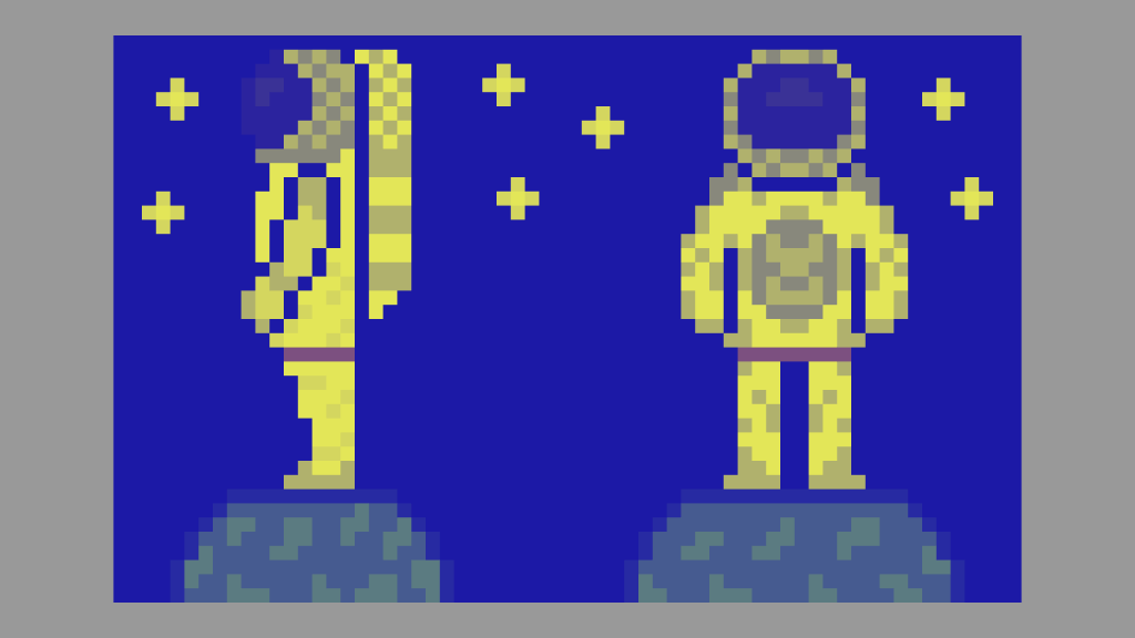 Front and side profile of an astronaut sprite with a yellow and blue duotone applied at 75% intensity