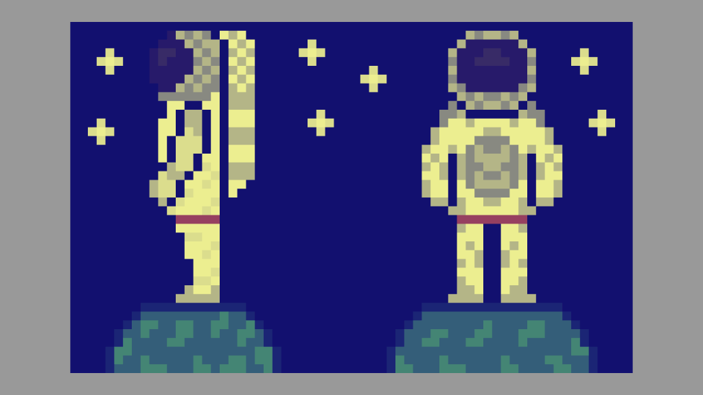 Front and side profile of an astronaut sprite with a yellow and blue duotone applied at 50% intensity