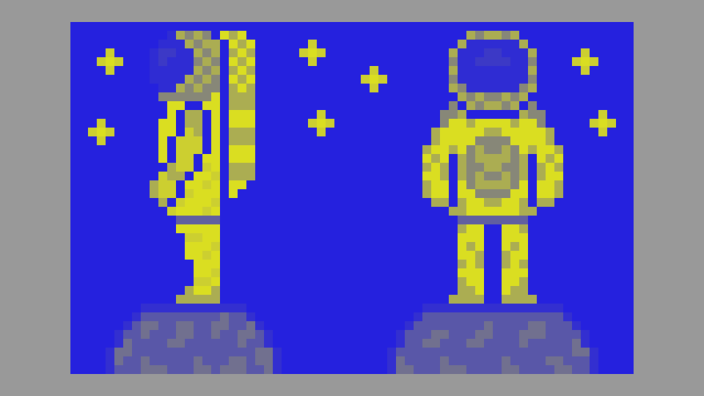 Front and side profile of an astronaut sprite with a yellow and blue duotone applied