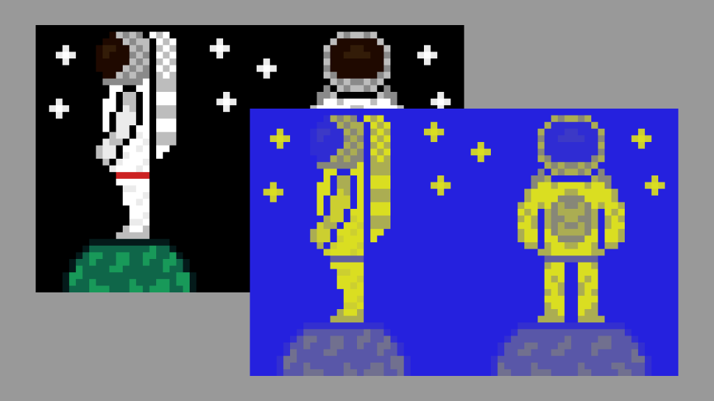 Side and front profile of an astronaut sprite with and without a blue and yellow duotone applied