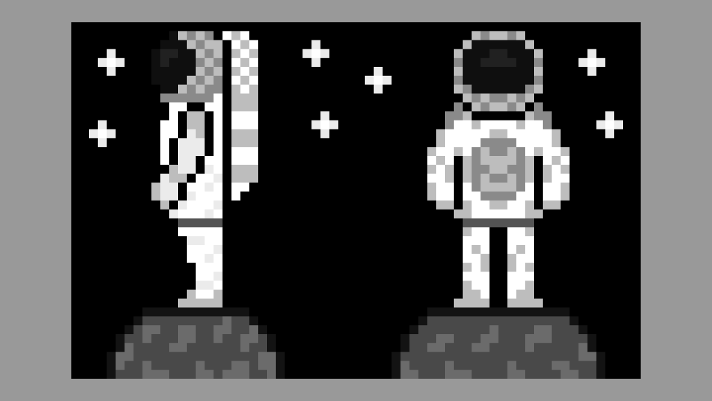 Front and side profile of an astronaut sprite converted to greyscale