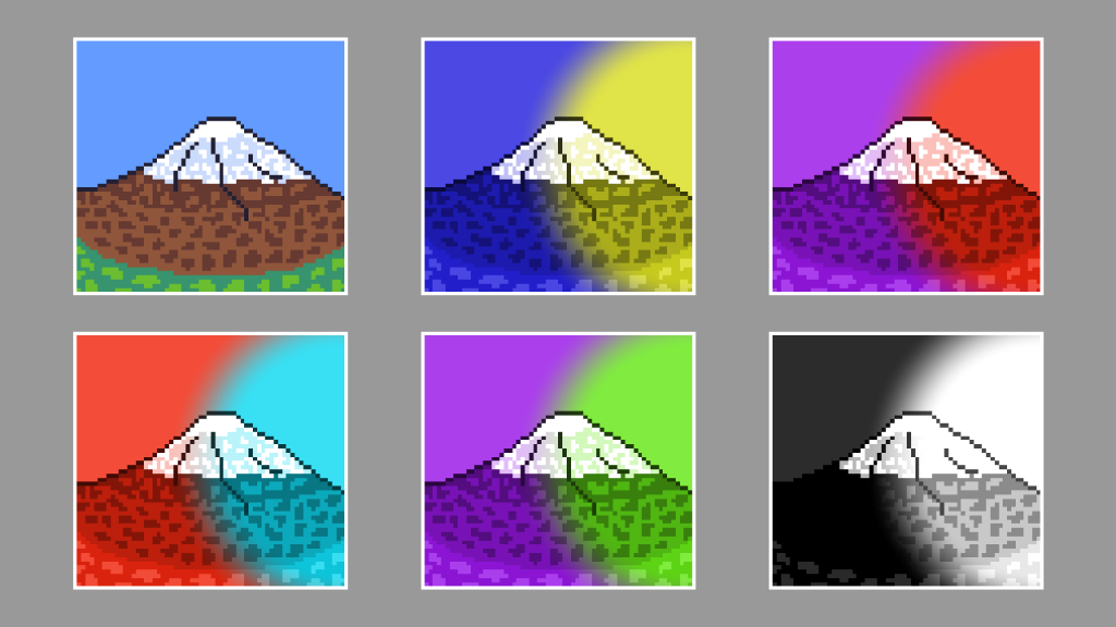 Mountain sprites with six different coloured duotone circle gradients applied