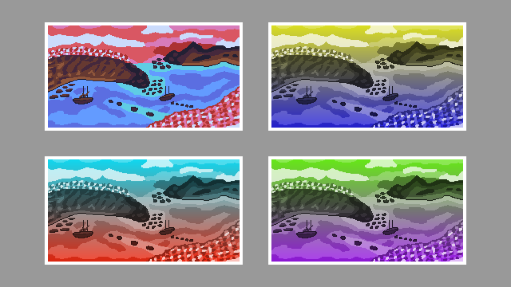 Shan Shui sea, mountain and boat sprites with four different coloured duotone gradients applied