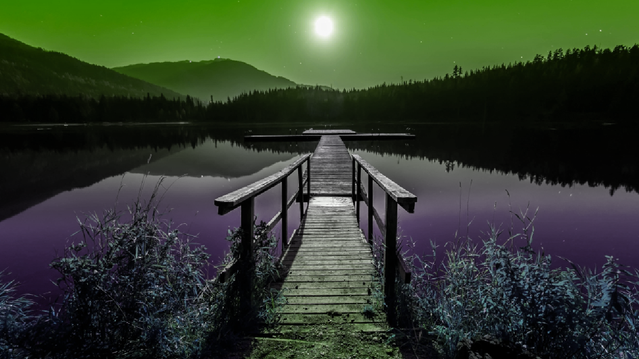 wooden dock green and purple hue shift gradient