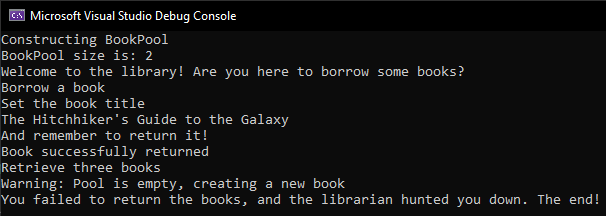 Library book pool console output