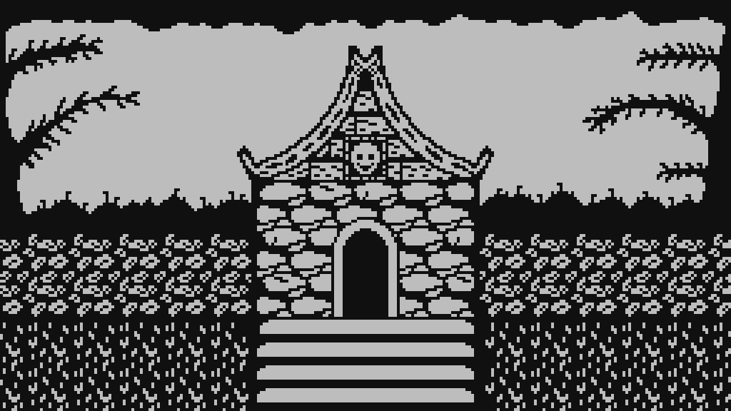 A one bit pixel art crypt with walls, grass and trees