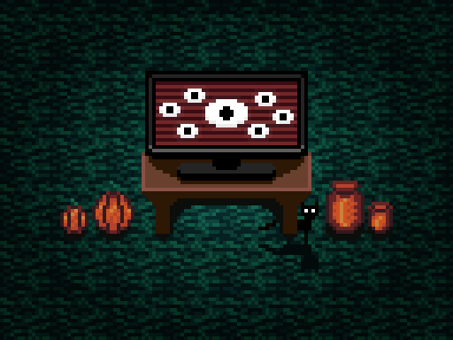 A haunted television with eyeballs, a black cat and a hand crafted glitch effect