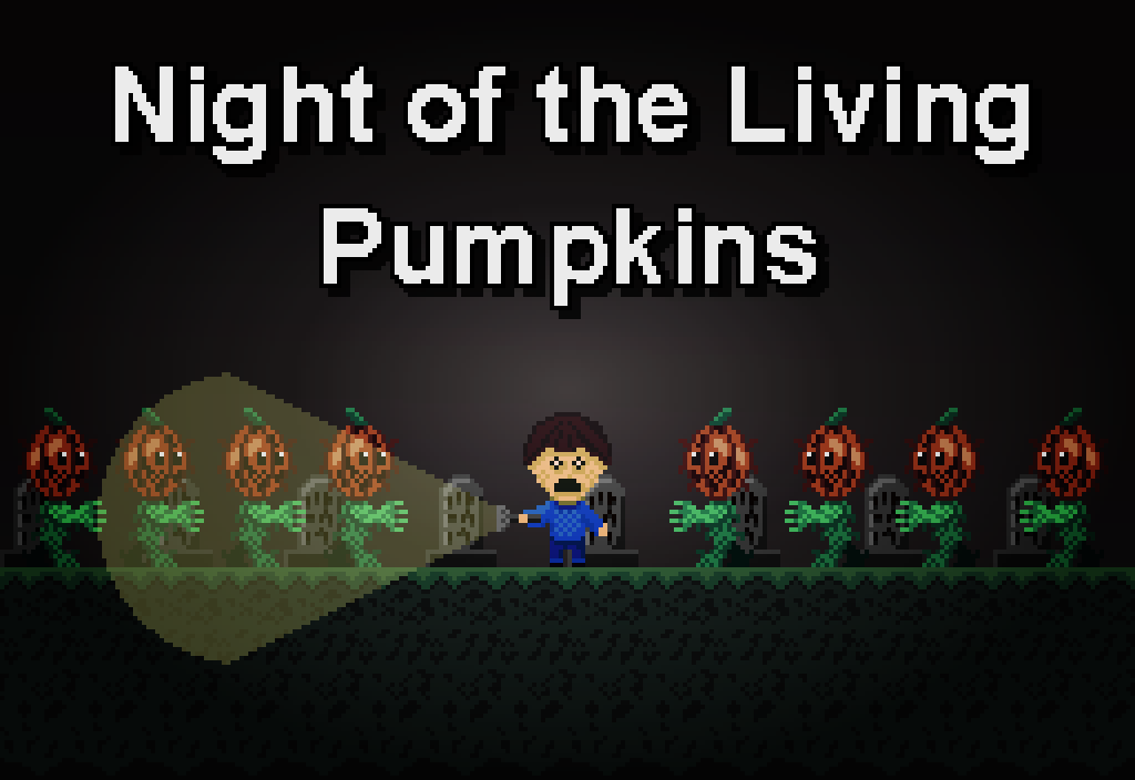 A scene called 'Night of the Living Pumpkins'. Pumpkin zombies surround a man holding a flashlight in a graveyard.