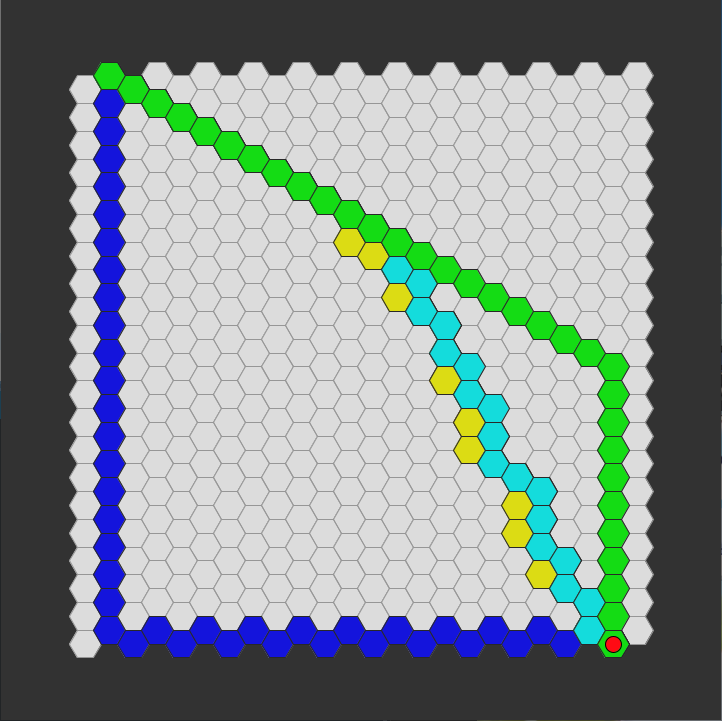 pathfinder race hexagon grid - very small map - a-star optimised - corner to corner - all algorithms - chosen path only - no walls