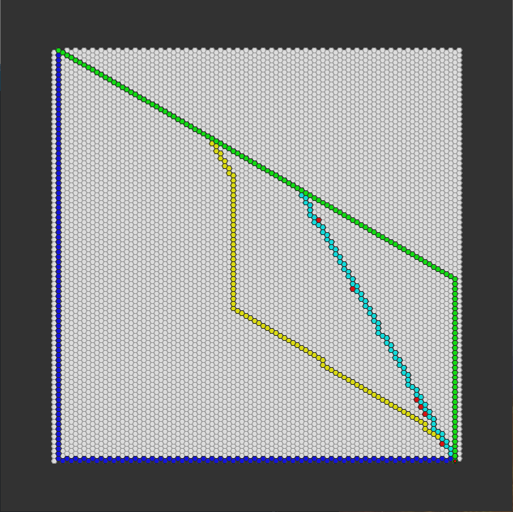 pathfinder race hexagon grid - a-star optimised - no walls - corner to corner - all algorithms - chosen path only
