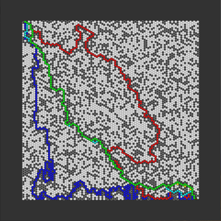 pathfinder race hexagon grid - a-star optimised - corner to corner - all algorithms - chosen path only