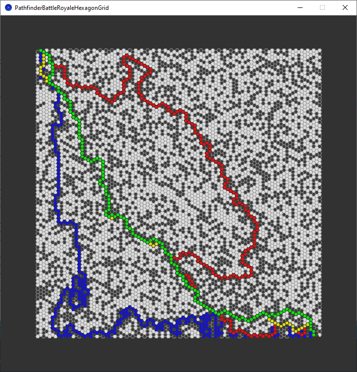 pathfinder race hexagon grid - a-star optimised - corner to corner - all algorithms - chosen path only