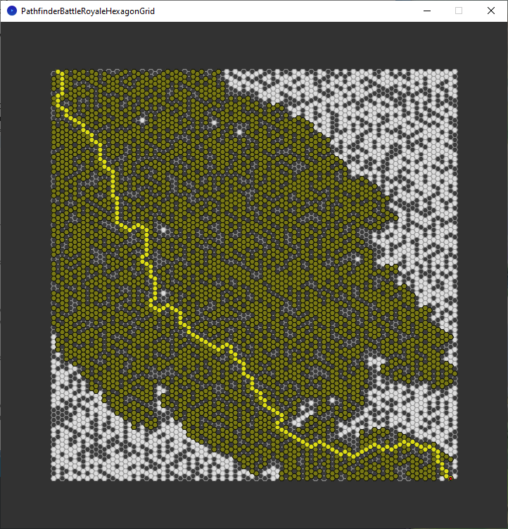 pathfinder race hexagon grid - a-star search - explored nodes and chosen path