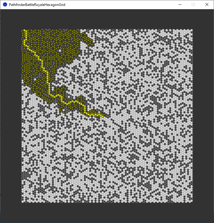 pathfinder race hexagon grid - corner to middle - a-star search - explored nodes and chosen path