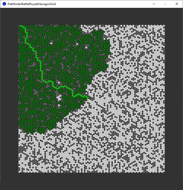 pathfinder race hexagon grid - corner to middle - breadth first search - explored nodes and chosen path
