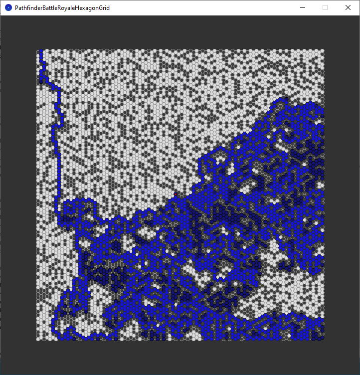 pathfinder race hexagon grid - corner to middle - depth first search - explored nodes and chosen path
