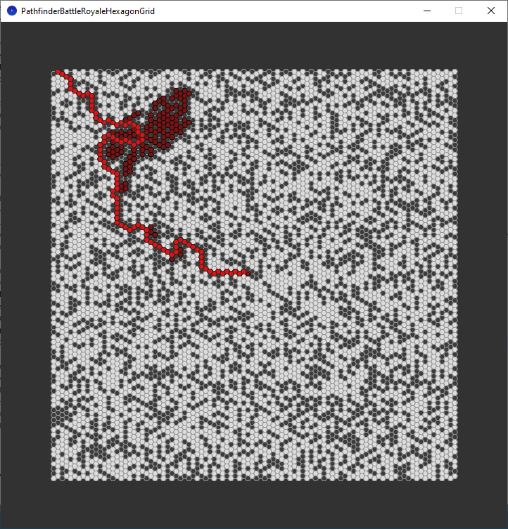 pathfinder race hexagon grid - corner to middle - greedy best first search - explored nodes and chosen path