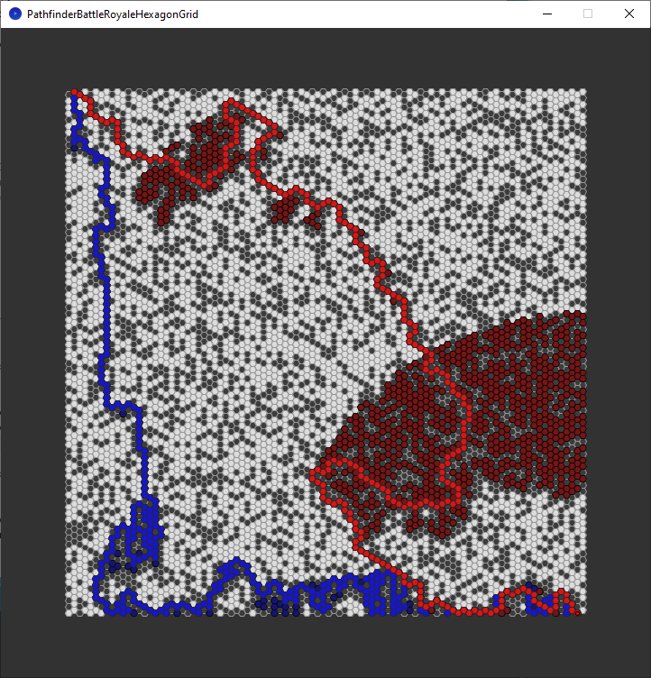 pathfinder race hexagon grid - depth first search and greedy best first search - explored nodes and chosen path