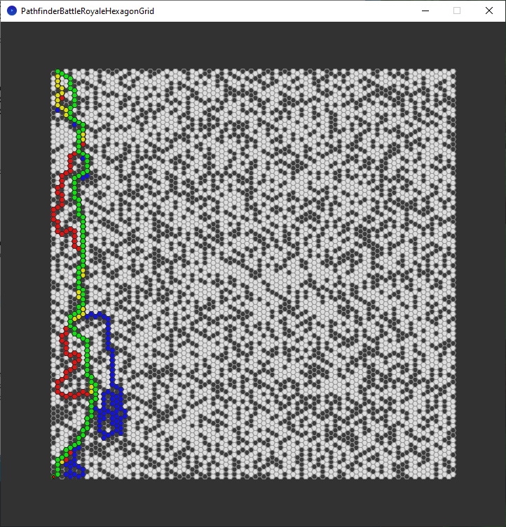 pathfinder race hexagon grid - left edge - all algorithms - chosen path only