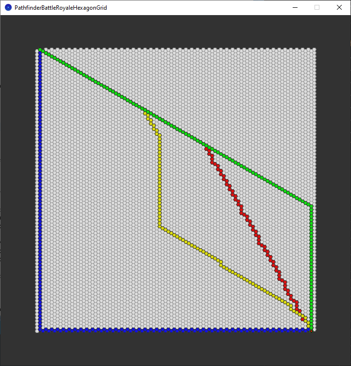 pathfinder race hexagon grid - no walls - all algorithms - chosen path only