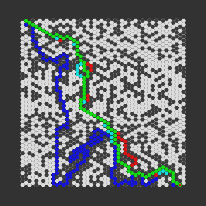 pathfinder race hexagon grid - small map - a-star optimised - corner to corner - all algorithms - chosen path only