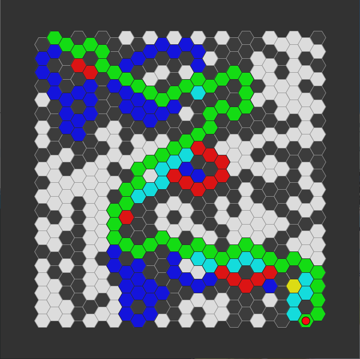 pathfinder race hexagon grid - very small map - a-star optimised - corner to corner - chosen path