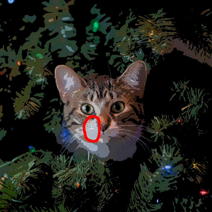 cat in xmas tree - posterise lightness ratio - with artefacts circled