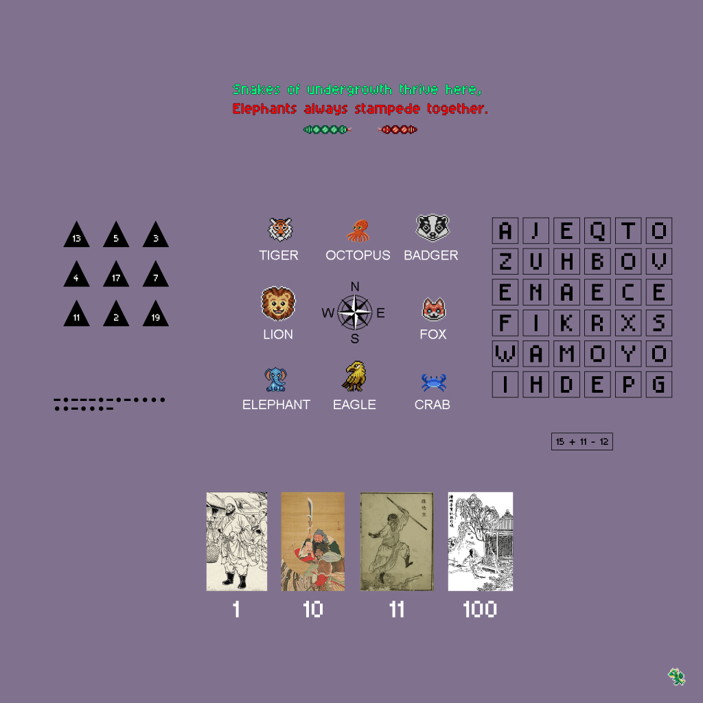 The middle of the image contains a compass with 8 pixel art animals surrounding it. The 8 animals are named using white text. The animals are: tiger, octopus, badger, lion, fox, elephant, eagle, crab.

There is green and red text at the top of the image which reads: Snakes of the undergrowth thrive here, elephants always stampede together. There is also a green and red snake.

The left side of the image has 9 triangles with different numbers written in the middle. The numbers are: 13, 5, 3, 4, 17, 7, 11, 2, 19.
There is also some filled rectangles and circles below the triangles.

On the right side of the image is a 6x6 grid of letters. Below the letters there is an arithmetic expression.

At the bottom of the image there is 4 old art illustrations. Below each image there is number text.