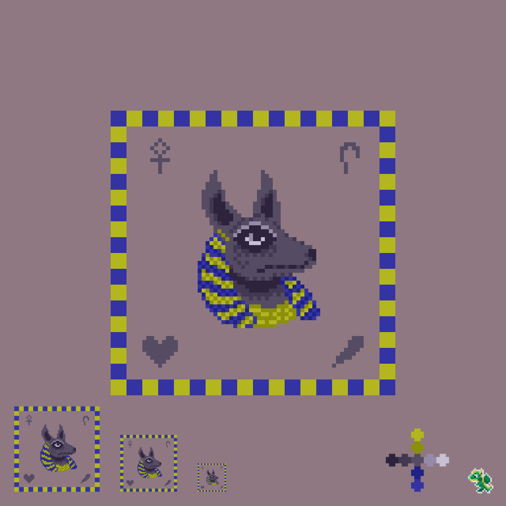 A pixel art drawing of Anubis. The ancient Egyptian jackal-headed god who watched over mummification, protected graves, and guided souls into the afterlife. Anubis's skin is a dark purple grey and there are four symbols on the corner of the drawing. There is an ankh, curved sceptre, heart and feather. The frame around the drawing and the outfit worn by Anubis is gold and blue in colour.