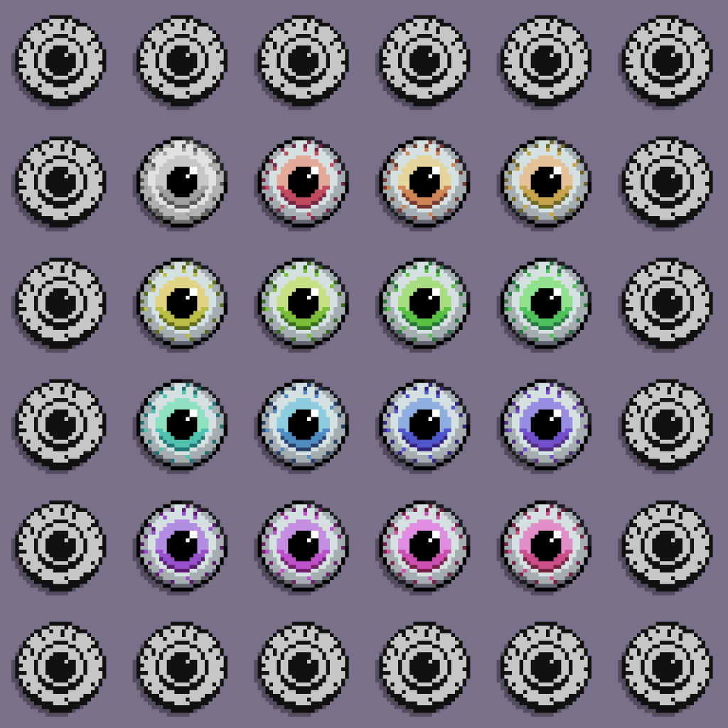 36 pixel art eyeballs laid out in a 6x6 grid pattern for Halloween. 15 of the eyes use different hues, and 1 is greyscale. The other eyes form the frame of the drawing and use a 1-bit colour palette